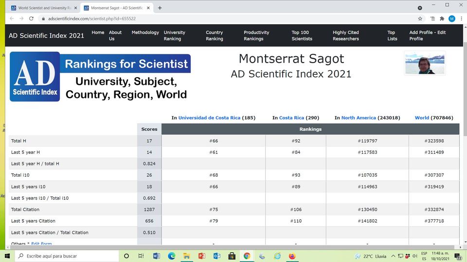 Captura de pantalla del Ranking for Scientist de Montserrat Sagot 