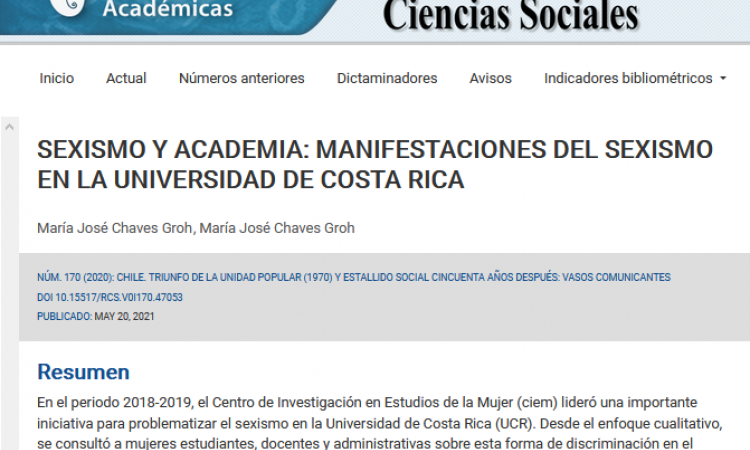 Publicación del artículo «SEXISMO Y ACADEMIA: MANIFESTACIONES DEL SEXISMO EN LA UNIVERSIDAD DE COSTA RICA», de María José Chaves Groh