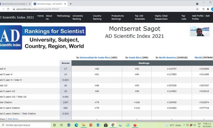 Captura de pantalla del Ranking for Scientist de Montserrat Sagot 